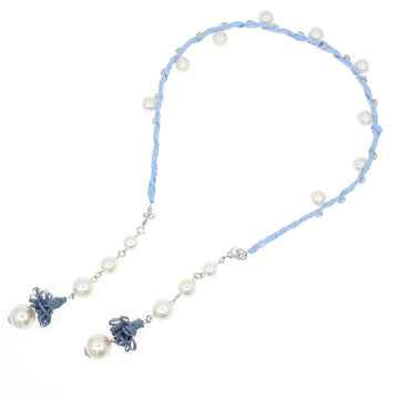 Fabric Wrapped Headband w/ Glass Pearls Rhinestones & Earring-like Tassels Blue